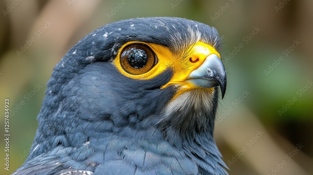 Obraz premium Close-up of a dark falcon's head in a forest setting