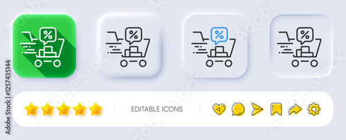 Discounts cart line icon. Neumorphic, Flat shadow, 3d buttons. Sale offer sign. Promotion price symbol. Line discounts cart icon. Social media icons. Vector