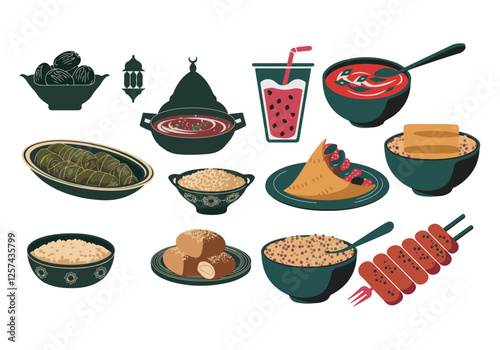 Culinary Vector Art Bowls, Couscous, Kebabs, and Traditional Food Dishes