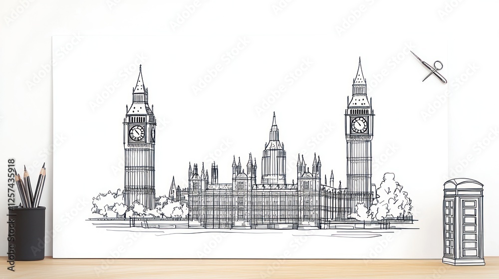 London's Houses of Parliament sketch, pencils, table London's Houses of Parliament sketch, pencils, table