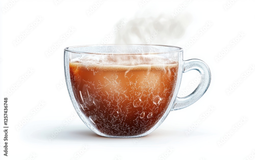 steaming hot coffee served in a transparent ice cup, with light reflections and frosty details, isolated on white