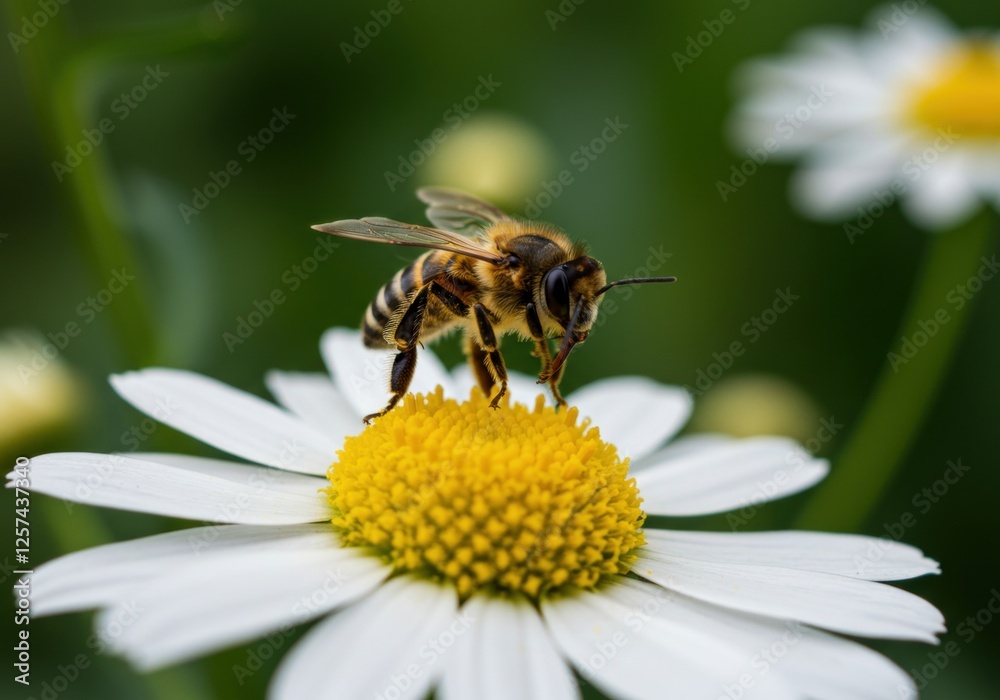 Close-up of bee pollinating white daisy with vibrant green background Close-up of bee pollinating white daisy with vibrant green background