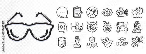 Organic tested, Health app and Doctor line icons for web app. Glare of light effect. Message icon. Pack of Stress, Electronic thermometer, Vaccine report pictogram icons. Vector