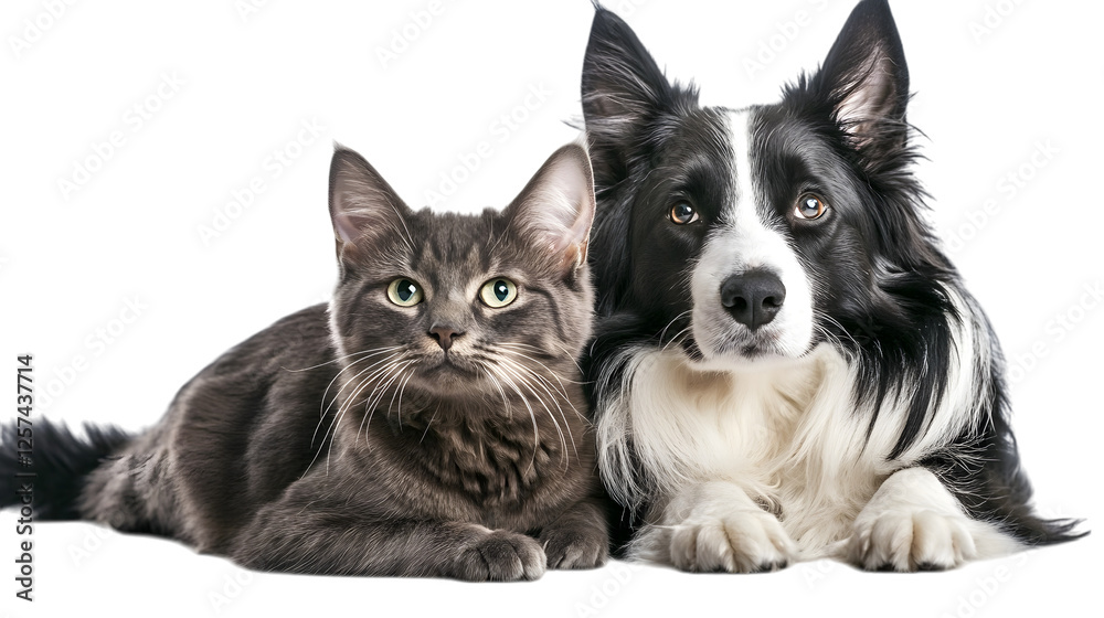 Obraz premium Dog and Cat Sitting Together, Isolated on White
