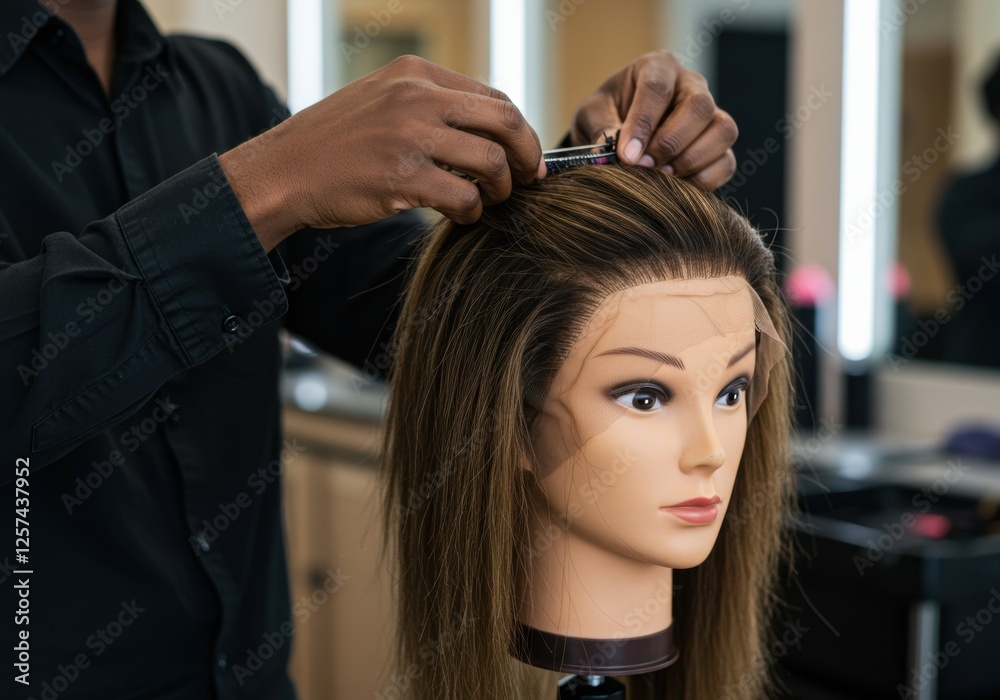 Naklejka premium Hair styling tutorial with mannequin for learning new techniques in salon