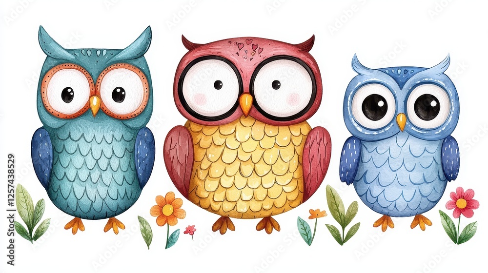 Fototapeta premium Colorful, cartoonish owls with large eyes and floral accents create a whimsical and playful scene.