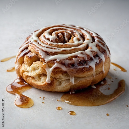 A steaming hot cinnamon roll drizzled with icing, sitting on a crisp white background.