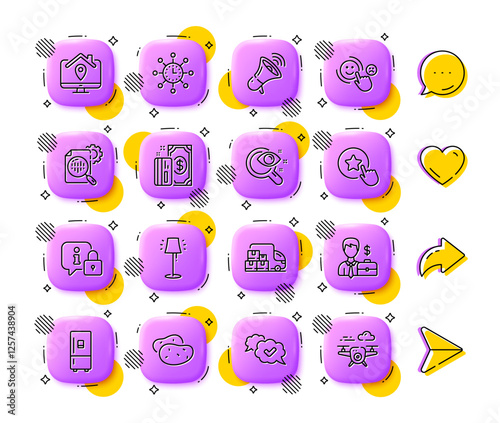World time, Potato and Refrigerator line icons. App 3d buttons. Social media comment, share, like icons. Pack of Customer satisfaction, Vision test, Work home icon. Vector