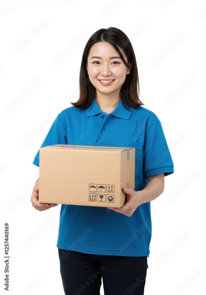 Smiling delivery worker in blue uniform holding cardboard box Smiling delivery worker in blue uniform holding cardboard box