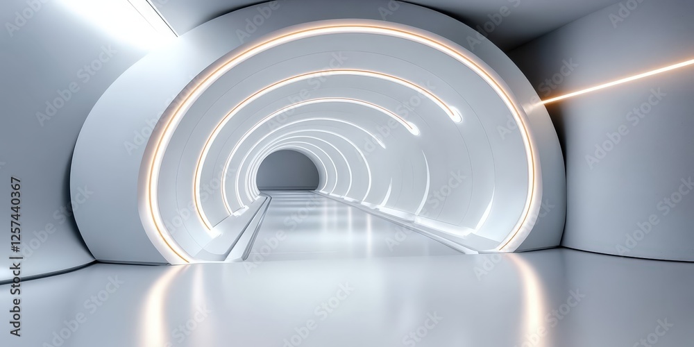 Fototapeta premium Futuristic white tunnel with glowing accents modern architecture digital design minimalistic environment perspective concept