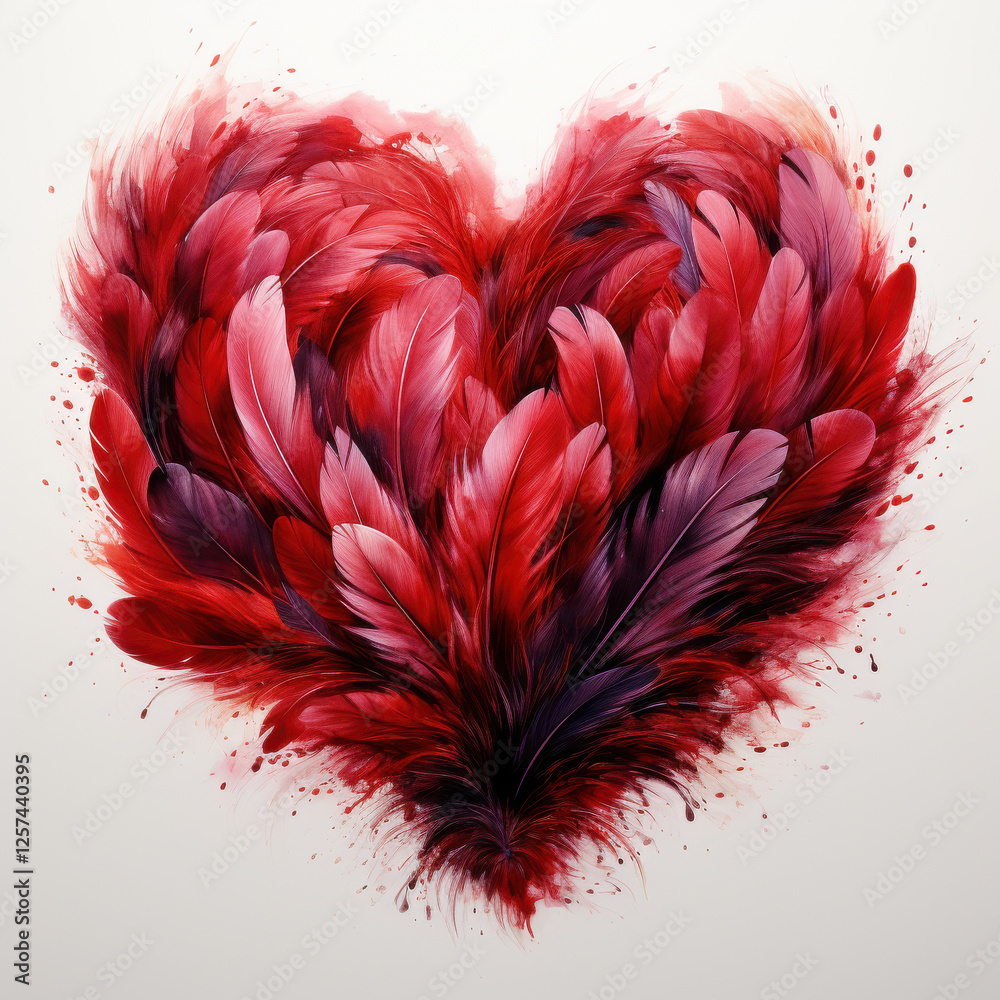 vibrant heart shape made of colorful feathers in shades of red and purple, symbolizing love and passion. intricate details and textures evoke sense of warmth and emotion vibrant heart shape made of colorful feathers in shades of red and purple, symbolizing love and passion. intricate details and textures evoke sense of warmth and emotion