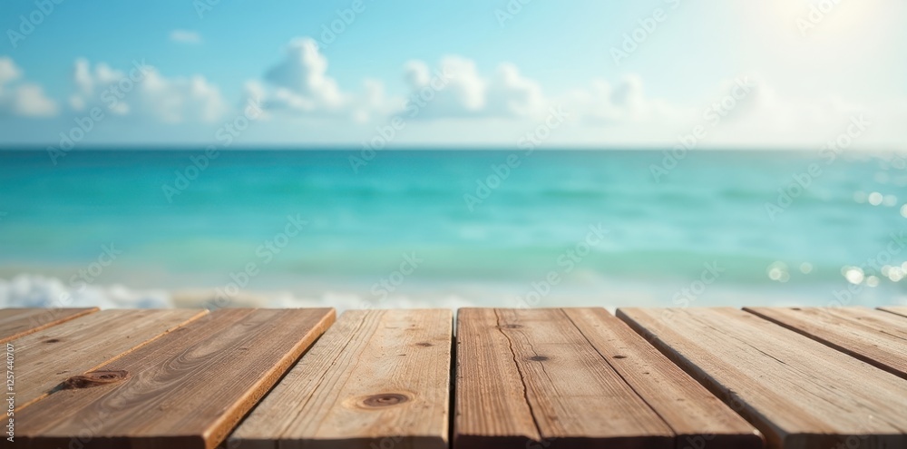 Fototapeta premium Rustic wood tabletop over blurred ocean; summer sky , sun, blur
