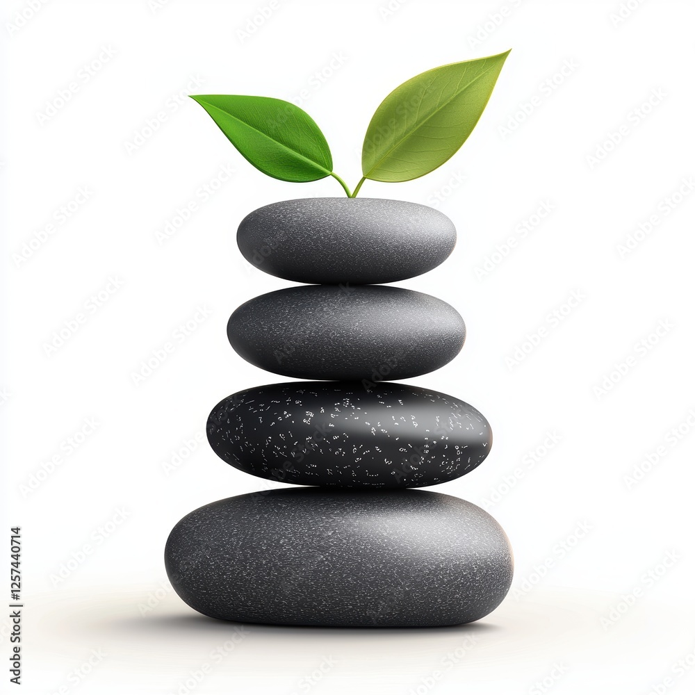 balanced stack of smooth zen stones with a small green leaf on top, isolated on white. balanced stack of smooth zen stones with a small green leaf on top, isolated on white.