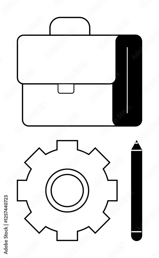 Briefcase, gear, and pencil symbolizing work, strategy, and creativity. Ideal for business, productivity, career planning, organization workplace tools innovation abstract line flat metaphor Briefcase, gear, and pencil symbolizing work, strategy, and creativity. Ideal for business, productivity, career planning, organization workplace tools innovation abstract line flat metaphor