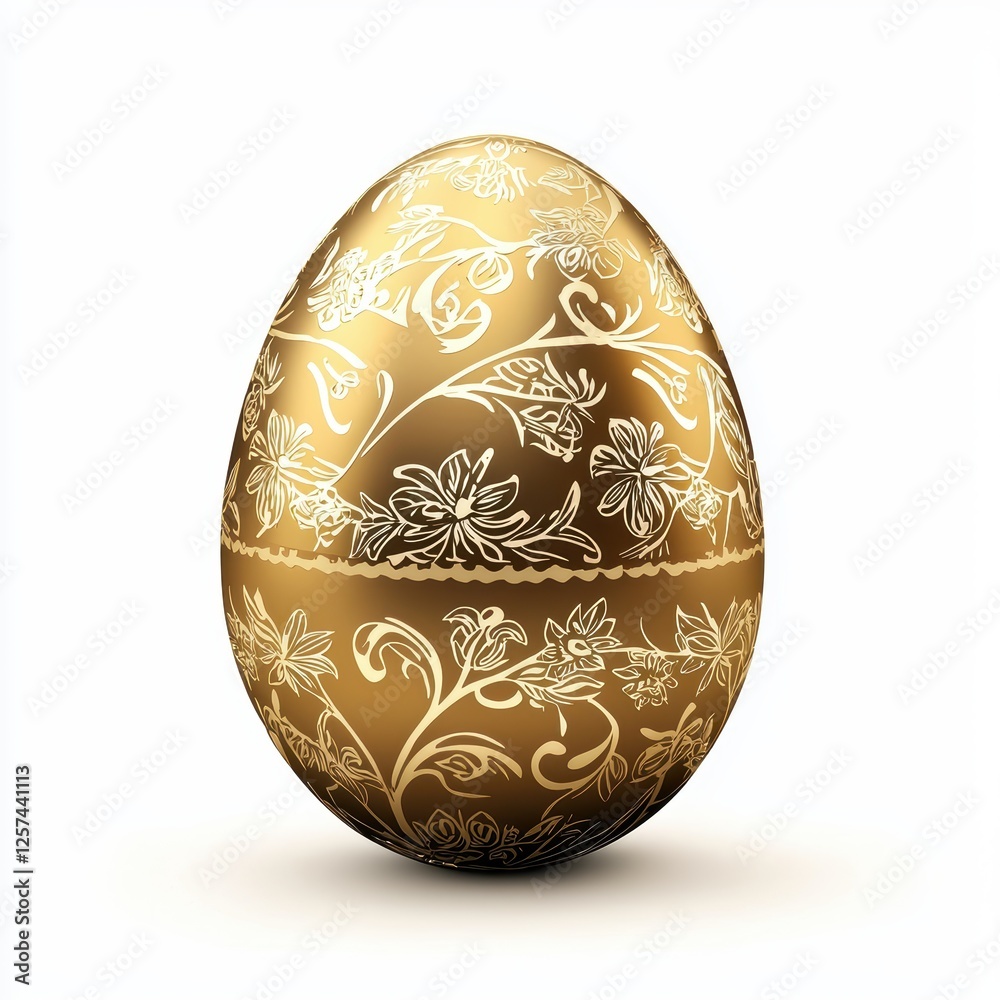 chocolate Easter egg wrapped in golden foil with embossed patterns, isolated on white.