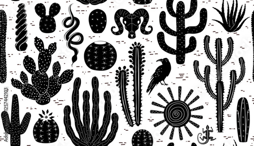 black and white wild western  desert seamless pattern, vector illustration repeat design print