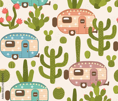 arizona desert vintage campers seamless pattern, vector illustration repeat design print