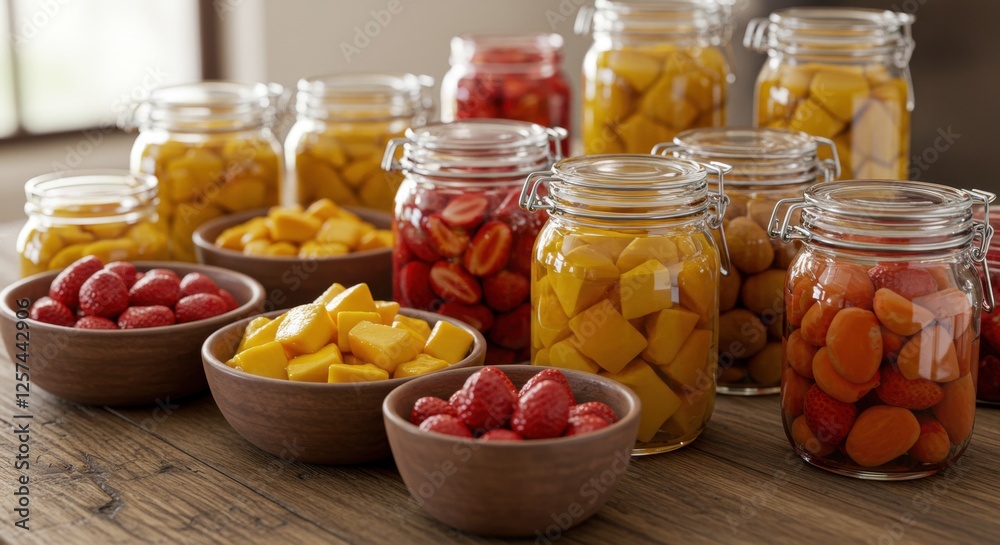 Colorful jars and bowls of fresh and preserved fruits on wooden table Colorful jars and bowls of fresh and preserved fruits on wooden table