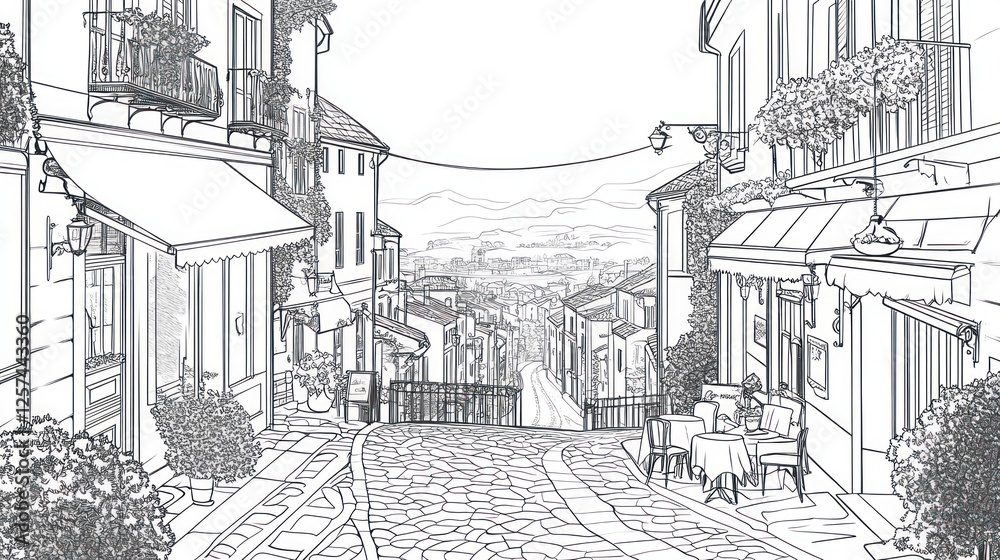 Fototapeta premium Hilltop European street, cafe, cobblestones, view, illustration, travel