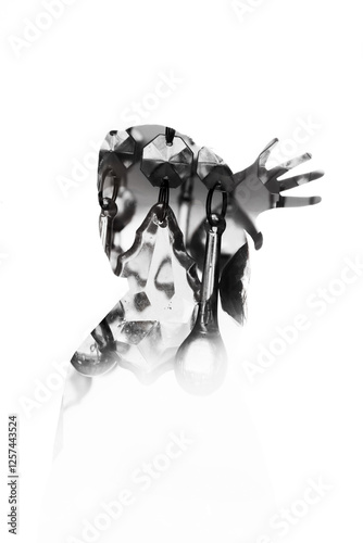 Double exposure portrait blending human figure with crystal elements