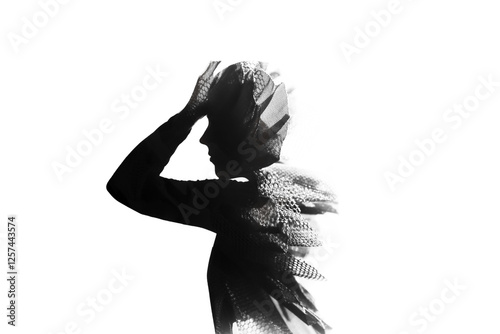 Artistic double exposure of woman with lace texture