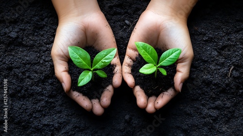 hands holding up a couple of hands with dirt and a plant photo