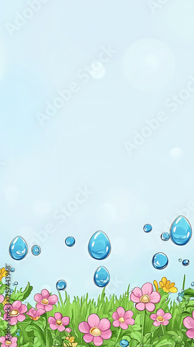 Spring rain on flowers; clear sky background; nature illustration; ideal for cards
