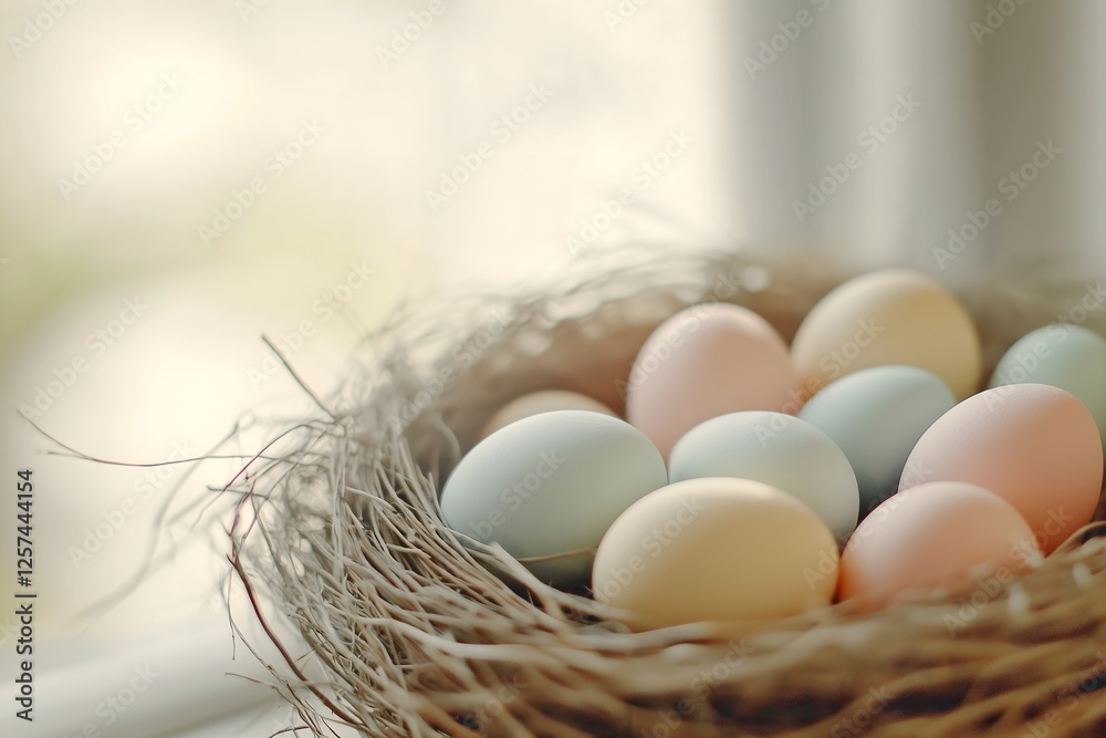 Pastel eggs in bird's nest, spring theme, beautiful natural decoration, celebration background, for easter promotion, spring greeting, horizontal. Pastel eggs in bird's nest, spring theme, beautiful natural decoration, celebration background, for easter promotion, spring greeting, horizontal.
