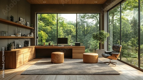 Serene home office, wood accents, forest view.