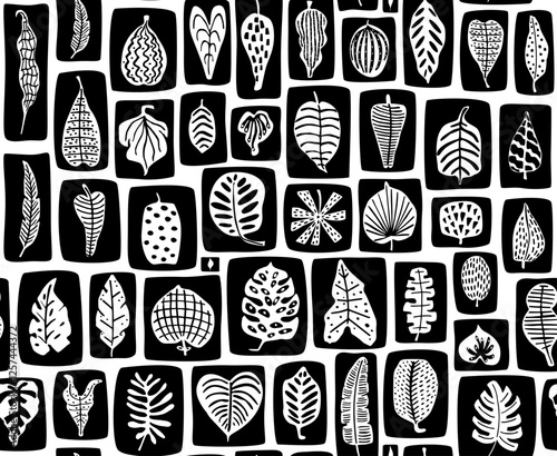 block print style botanical foliage leaves seamless pattern, vector illustration repeat design print