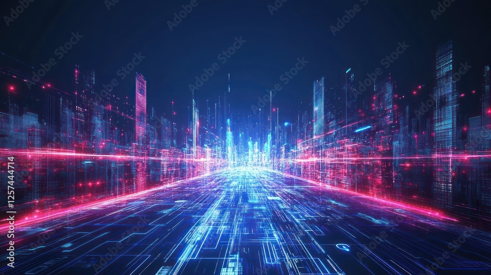 Futuristic digital city highway with glowing lines and skyscrapers. Futuristic digital city highway with glowing lines and skyscrapers.
