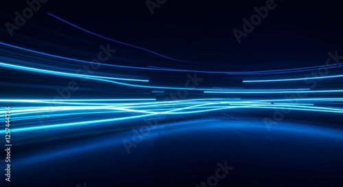 Dark blue abstract background with ultraviolet neon glow, blurry light lines, waves