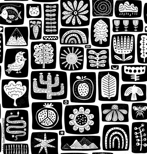 black and white modern geometric patchwork style kids nature objects quilt block print seamless pattern, vector illustration repeat design