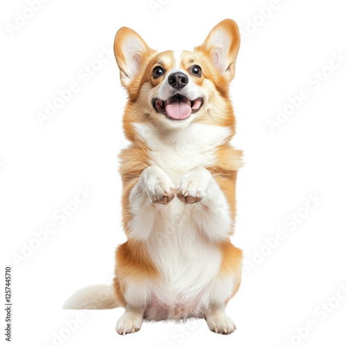 Corgi dog sitting with paws raised, displaying cheerful expression. This playful pet exudes happiness and charm, making it delightful companion photo