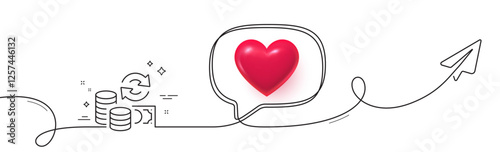 Change money line icon. Continuous line with share plane. Currency exchange sign. Transfer payment symbol. 3d heart in speech bubble. Change money single line ribbon. Loop curve pattern. Vector