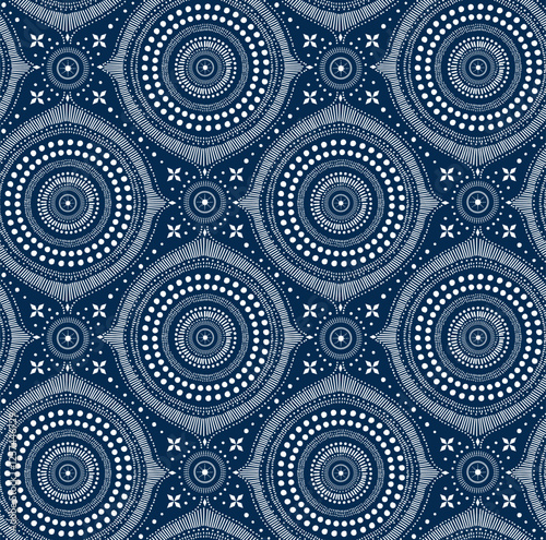 boho bohemian chic blue navy indigo  and white seamless pattern, hand drawn vector illustration repeat design print