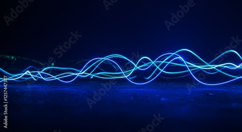 Dark blue abstract background with ultraviolet neon glow, blurry light lines, waves