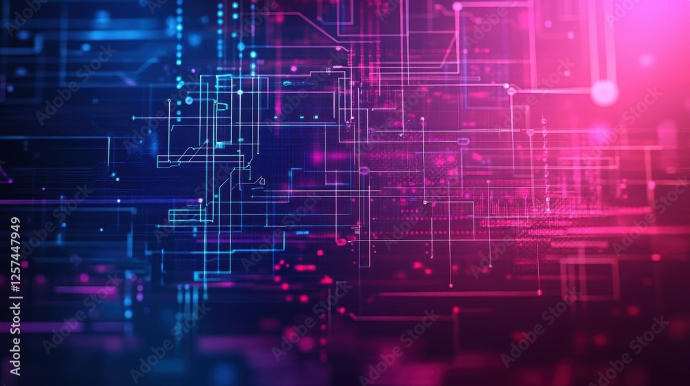 Computer circuit board with pink and blue abstract background design for technology and innovation concepts