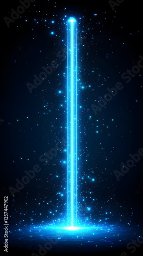 Bright blue vertical light beam with glowing particles creating a magical atmosphere in dark background