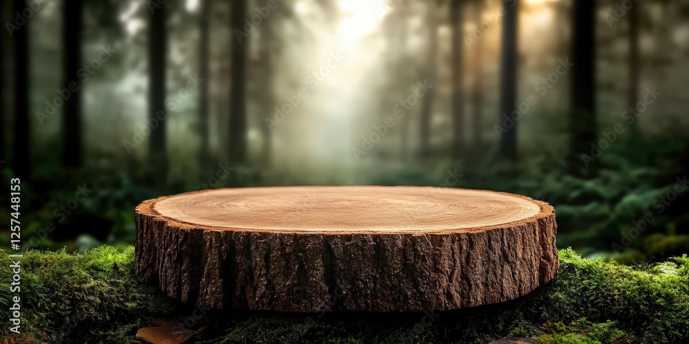 Rustic wooden tree stump platform in lush forest nature photography natural textures serene environment Rustic wooden tree stump platform in lush forest nature photography natural textures serene environment