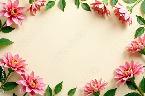 Lovely Pink Flowers and Green Leaves Frame on Pale Yellow Background Ideal for Invitation or Announcement