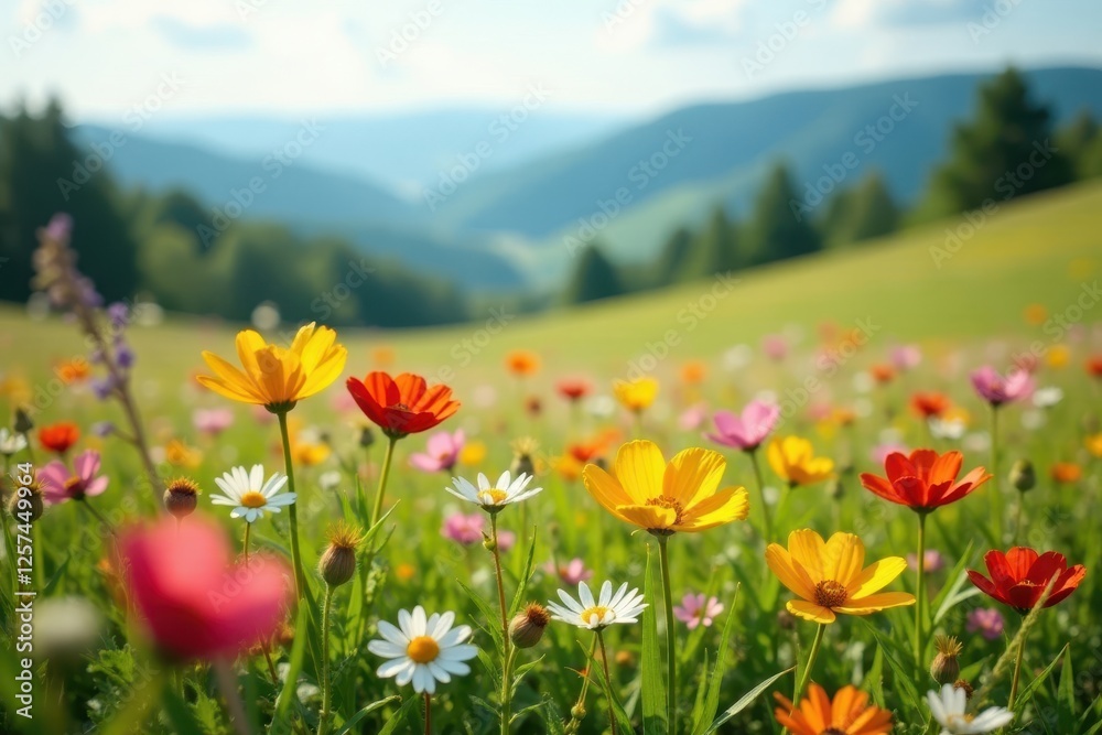 Sweet wildflowers in sun-drenched meadow, distant hills blurred, peaceful, stock photo Sweet wildflowers in sun-drenched meadow, distant hills blurred, peaceful, stock photo