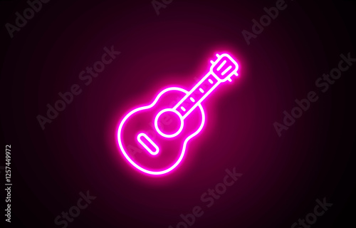 Guitar neon sign. Neon light glow effect. Electric guitar line icon. School Music Band Glowing Icon.  Music sign. Musical instrument symbol. 3d line neon glow icon. Musical instruments concept.