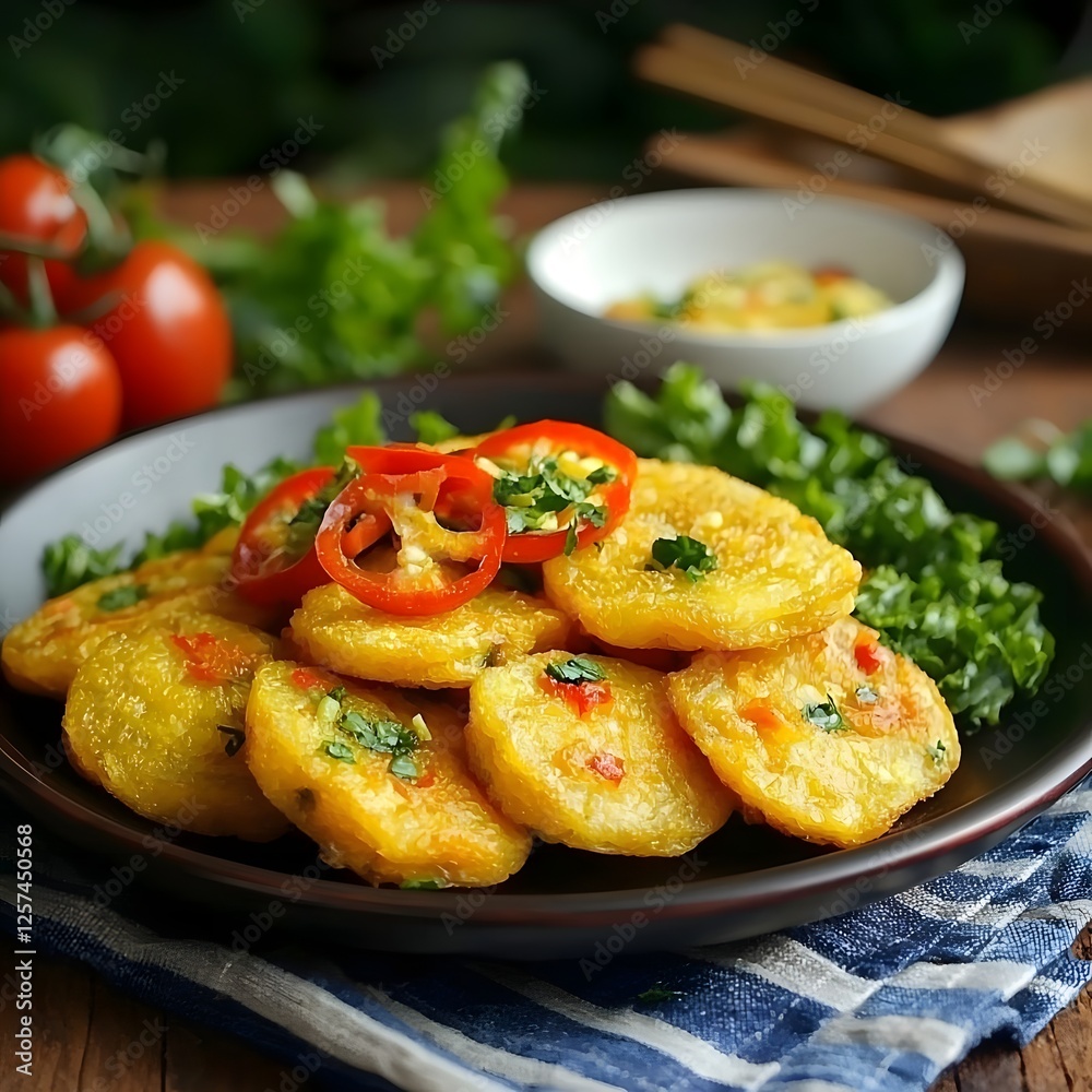 Colorful plate of golden fried plantains garnished with fresh herbs and sliced peppers on a wooden table Colorful plate of golden fried plantains garnished with fresh herbs and sliced peppers on a wooden table