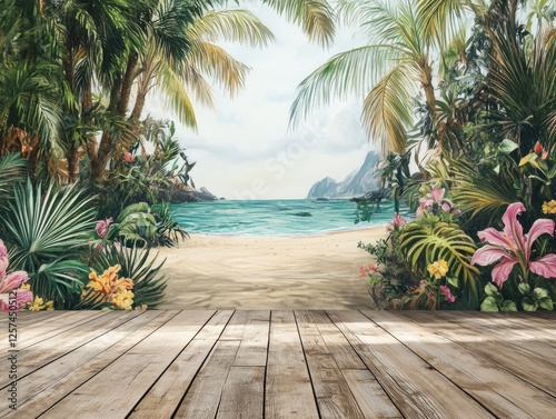 Tropical beach paradise view, wooden deck, vacation ad photo