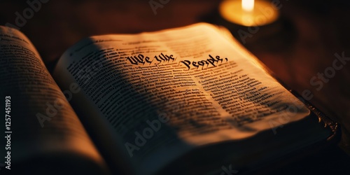 United states constitution open on we the people illuminated by candlelight