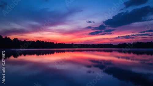 A serene sunset over a calm lake, reflecting vibrant colors in the sky and water.