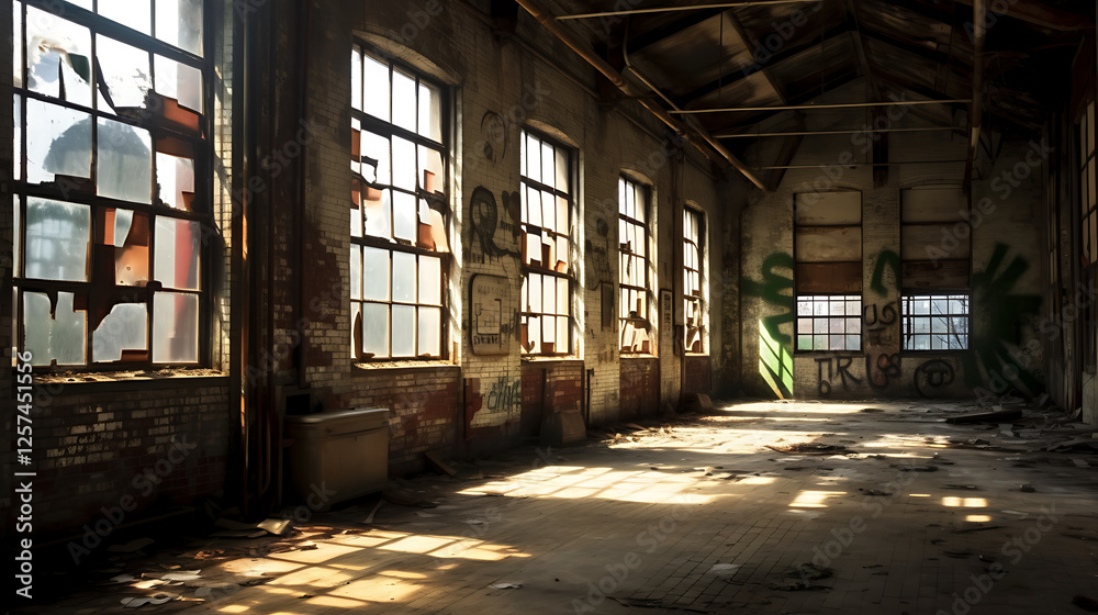 Sunlit abandoned factory interior, broken windows, graffiti, decay Sunlit abandoned factory interior, broken windows, graffiti, decay