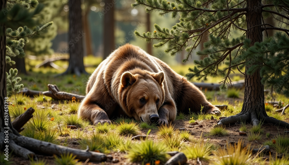 Grizzly bear resting in forest under dappled light, nature's calm Grizzly bear resting in forest under dappled light, nature's calm
