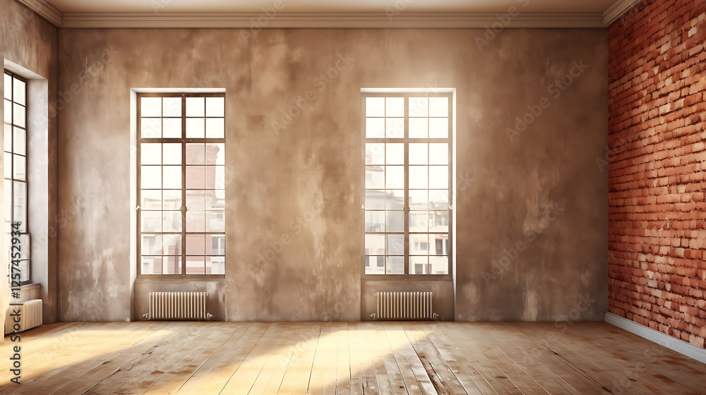 Fototapeta premium Sunny loft apartment interior design, brick wall, hardwood floor, city view